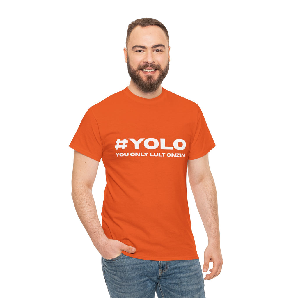 YOLO Graphic Tee — Orange "YOU ONLY LULT ONZIN" Slogan T-Shirt